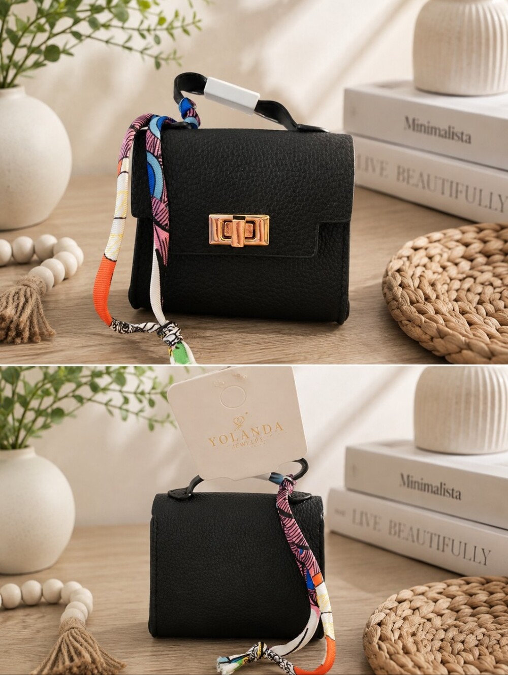 Black Leatherette Mini Bag with Colorful Scarf Strap